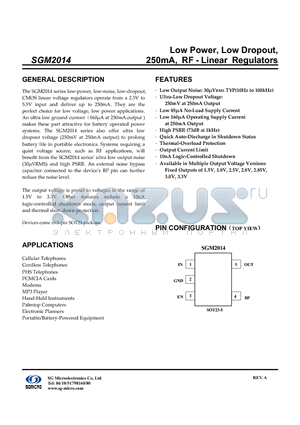 SGM2014-3.0YN5/TR datasheet - Low Power, Low Dropout, 250mA, RF - Linear Regulators