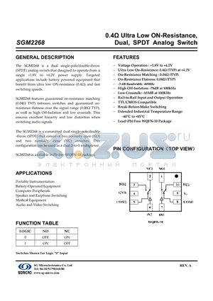 SGM2268 datasheet - 0.4Y Ultra Low ON-Resistance, Dual, SPDT Analog Switch