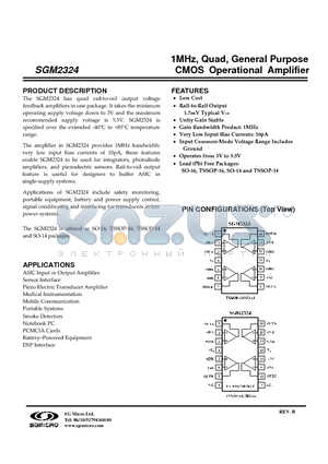 SGM2324YS/TR datasheet - 1MHz, Quad, General Purpose CMOS Operational Amplifier
