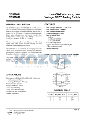 SGM3001 datasheet - Low ON-Resistance, Low Voltage, SPDT Analog Switch