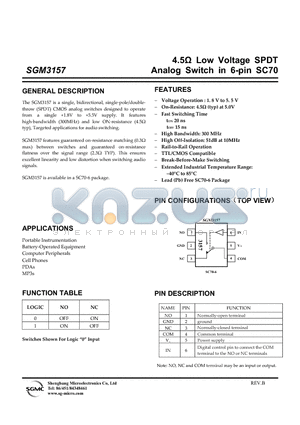 SGM3157 datasheet - 4.5Y Low Voltage SPDT Analog Switch