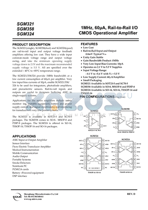 SGM321YC5/TR datasheet - 1MHz, 60lA, Rail-to-Rail I/O CMOS Operational Amplifier