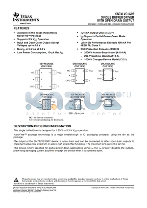 SN74LVC1G07 datasheet - SINGLE BUFFER/DRIVER WITH OPEN-DRAIN OUTPUT