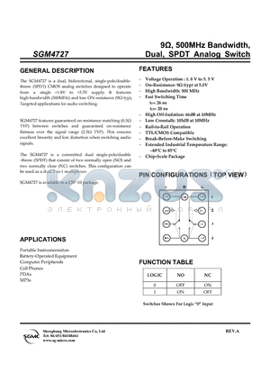 SGM4727 datasheet - 9Y, 500MHz Bandwidth, Dual, SPDT Analog Switch