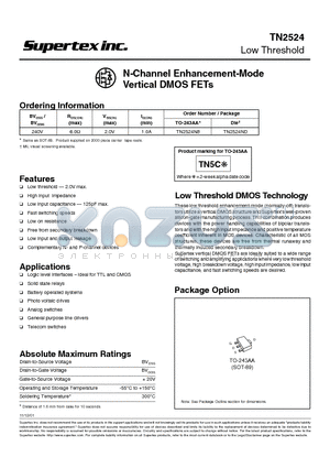 TN2524N8 datasheet - N-Channel Enhancement-Mode Vertical DMOS FETs