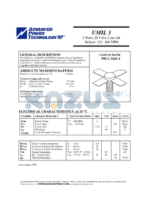 UMIL3 datasheet - 3 Watts, 28 Volts, Class AB Defcom 225 - 400 MHz