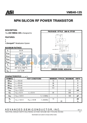 VMB40-12S datasheet - NPN SILICON RF POWER TRANSISTOR