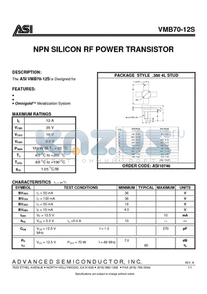 VMB70-12S datasheet - NPN SILICON RF POWER TRANSISTOR