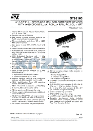 ST92163N4D1L datasheet - 8/16-BIT FULL SPEED USB MCU FOR COMPOSITE DEVICES WITH 16 ENDPOINTS, 20K ROM, 2K RAM, I2C, SCI, & MFT