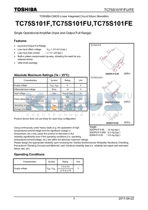 TC75S101FU datasheet - Single Operational Amplifier (Input and Output Full Range)