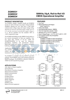 SGM8532XS/TR datasheet - 500KHz,18lA, Rail-to-Rail I/O CMOS Operational Amplifier