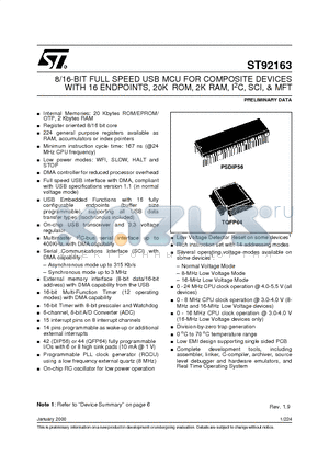 ST92163R4D0L datasheet - 8/16-BIT FULL SPEED USB MCU FOR COMPOSITE DEVICES WITH 16 ENDPOINTS, 20K ROM, 2K RAM, I2C, SCI, & MFT