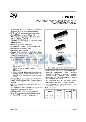 ST92185B2T1 datasheet - 16K/24K/32K ROM HCMOS MCU WITH ON-SCREEN-DISPLAY