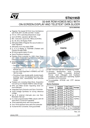 ST92195B datasheet - 32-64K ROM HCMOS MCU WITH ON-SCREEN-DISPLAY AND TELETEXT DATA SLICER