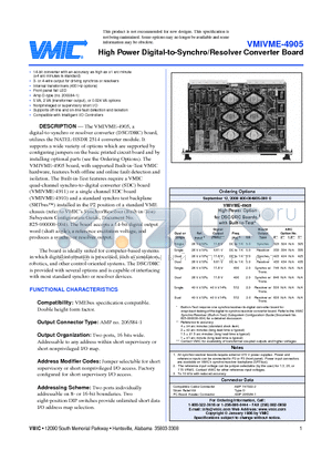 VMIVME-4905 datasheet - High Power Digital-to-Synchro/Resolver Converter Board