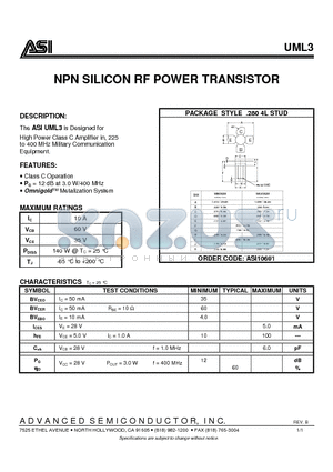 UML3_07 datasheet - NPN SILICON RF POWER TRANSISTOR