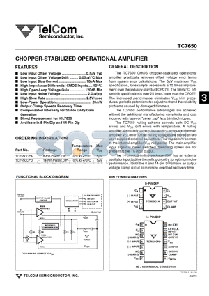 TC7650 datasheet - CHOPPER-STABILIZED OPERATIONAL AMPLIFIER