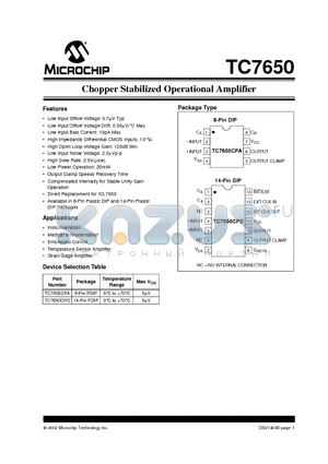 TC7650 datasheet - Chopper Stabilized Operational Amplifier