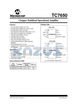 TC7650CPA datasheet - Chopper Stabilized Operational Amplifier
