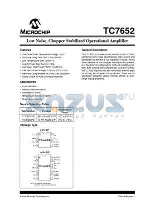 TC7652 datasheet - Low Noise, Chopper Stabilized Operational Amplifier