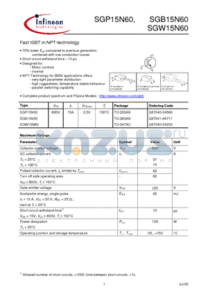 SGP15N60 datasheet - Fast IGBT in NPT-technology