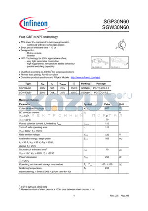 SGP30N60 datasheet - Fast IGBT in NPT-technology