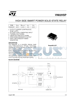 VN02HSP datasheet - HIGH SIDE SMART POWER SOLID STATE RELAY