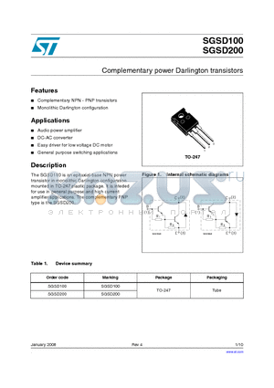 SGSD100_08 datasheet - Complementary power Darlington transistors