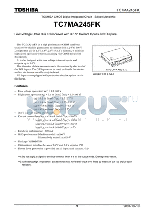 TC7MA245FK_07 datasheet - Low-Voltage Octal Bus Transceiver with 3.6 V Tolerant Inputs and Outputs
