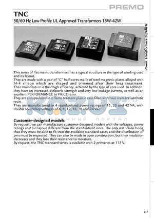 TNC-15-15 datasheet - 50/60 Hz Low Profile UL Approved Transformers 15W-42W