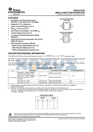 SN74LVC1G27YZPR datasheet - SINGLE 3-INPUT POSITIVE-NOR GATE