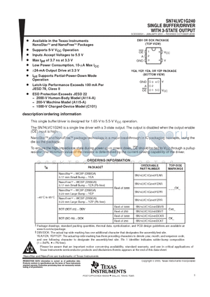 SN74LVC1G240YZAR datasheet - SINGLE BUFFER/DRIVER WITH 3-STATE OUTPUT