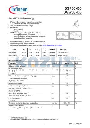 SGW30N60 datasheet - Fast IGBT in NPT-technology