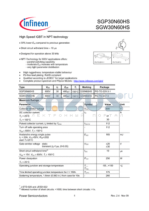 SGW30N60HS datasheet - High Speed IGBT in NPT-technology 30% lower Eoff compared to previous generation