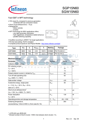 SGW15N60 datasheet - Fast IGBT in NPT-technology 75% lower Eoff compared to previous generation