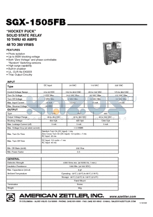 SGX-1505FBD380A40PL datasheet - HOCKEY PUCK SOLID STATE RELAY 10 THRU 40 AMPS 48 TO 380 VRMS