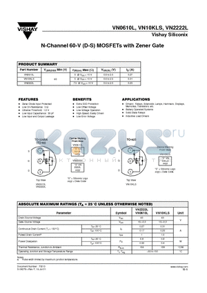 VN2222L datasheet - N-Channel 60-V (D-S) MOSFETs with Zener Gate