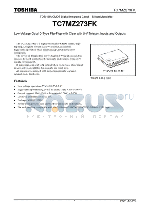 TC7MZ273FK datasheet - Low-Voltage Octal D-Type Flip-Flop with Clear with 5-V Tolerant Inputs and Outputs