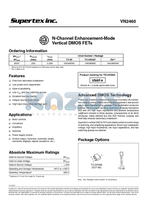 VN2460N8 datasheet - N-Channel Enhancement-Mode Vertical DMOS FETs