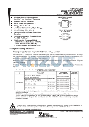 SN74LVC1G374 datasheet - SINGLE D-TYPE FLIP-FLOP WITH 3-STATE OUTPUT