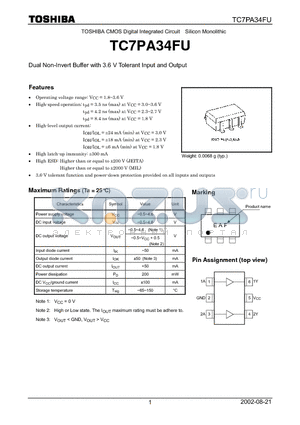 TC7PA34FU datasheet - Dual Non-Invert Buffer with 3.6 V Tolerant Input and Output