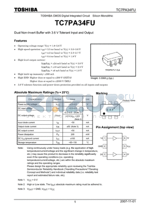 TC7PA34FU datasheet - Dual Non-Invert Buffer with 3.6 V Tolerant Input and Output