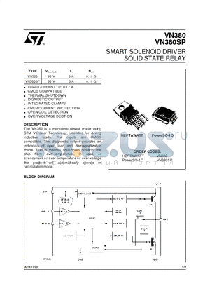 VN380 datasheet - SMART SOLENOID DRIVER SOLID STATE RELAY