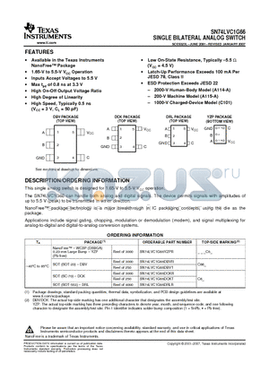 SN74LVC1G66DBVT datasheet - SINGLE BILATERAL ANALOG SWITCH