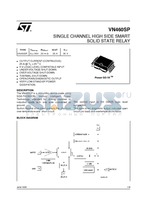 VN460SP datasheet - SINGLE CHANNEL HIGH SIDE SMART SOLID STATE RELAY