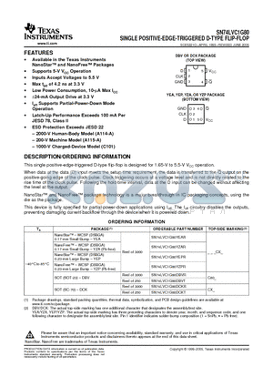 SN74LVC1G80 datasheet - SINGLE POSITIVE-EDGE-TRIGGERED D-TYPE FLIP-FLOP