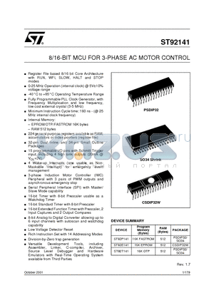 ST92E141 datasheet - 8/16-BIT MCU FOR 3-PHASE AC MOTOR CONTROL