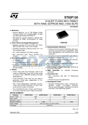 ST92F120JV1Q7 datasheet - 8/16-BIT FLASH MCU FAMILY WITH RAM, EEPROM AND J1850 BLPD