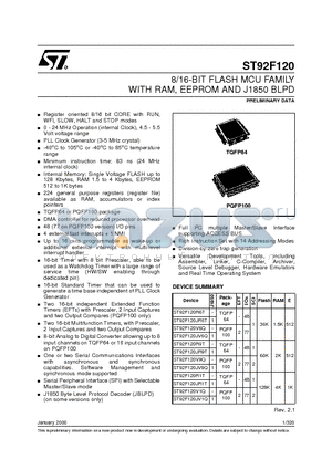ST92F120JR6T datasheet - 8/16-BIT FLASH MCU FAMILY WITH RAM, EEPROM AND J1850 BLPD