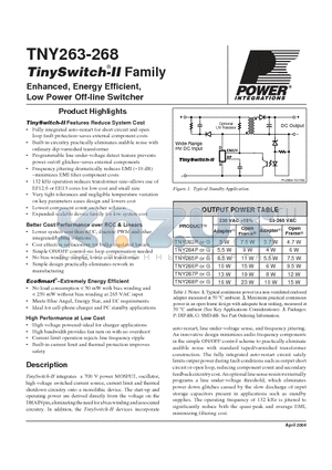 TNY263P datasheet - Enhanced, Energy Efficient, Low Power Off-line Switcher